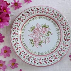 Talavera Spain WALL PLATE 11.5&quot; - Hand Painted Spanish Pottery - Pink Green White - Country Cottage - Farmhouse Wall Decor - Flowers Scrolls
