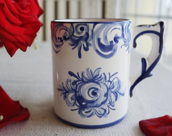 BLUE WHITE MUG - 14 Oz - Vestal Alcobaca Portugal - Hand Painted Pottery - Portuguese Ceramics - Floral Pattern - Farmhouse Country Cottage