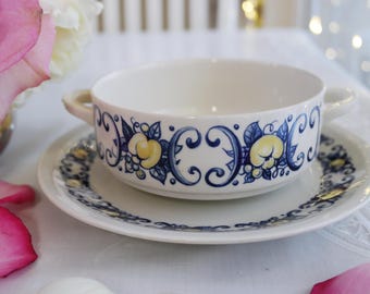 Villeroy Boch - Taza y plato hondo - Diseño Cádiz - Azul y amarillo - Rollos de frutas - Plato hondo para sopa de crema - Comedor rústico - Luxemburgo