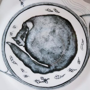 Anthropologie SAUCER - Size 6" - Forest Fiddler Pattern - French Artist Florence Balducci - Sleeping Fox Cat - Black Gray White - Porcelain image 3