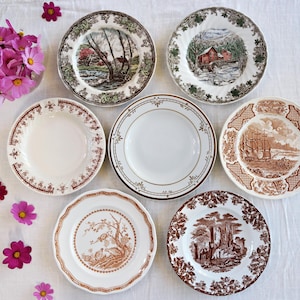 Brown White SALAD PLATES - Size 7.25&quot; to 8.25&quot; - Multicolor Transferware - Mismatched China - Farmhouse Country Kitchen - Priced Per Plate