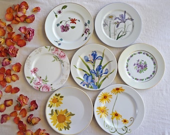 Floral SALAD PLATES - Size 7.5 to 8.5&quot; - Mismatched China - Breakfast Garden Tea Party Luncheon - Yellow Blue Red Flowers - Priced Per Plate