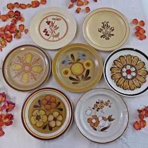 Assiettes en grès - rétro vintage - motifs floraux dépareillés - four à table - brun orange jaune - salle à manger à la ferme - Japon, États-Unis