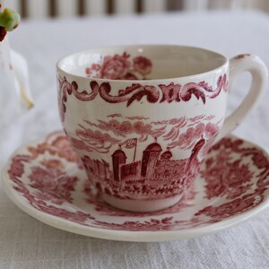 Wedgwood DEMITASSE CUP & SAUCER - Royal Homes of Britain - Red Pink White Transferware - Espresso Flat Cup - Vintage Set - Tunstall England