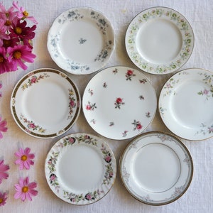 Gray White BREAD & BUTTER PLATES - Size 6&quot; to 6.5&quot; - Mismatched China - Appetizer Side Plates - Blue Green Pink Flowers - Priced Per Plate!