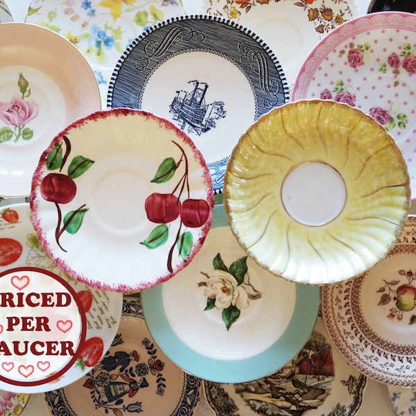 MISMATCHED SAUCERS - China Porcelain Mix - Vintage Boho Tea Party, Wedding Bridal Shower Favors, Cottage Farmhouse Decor - Priced Per Saucer