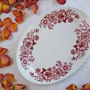 Homer Laughlin OVAL PLATTER 11.5" - Hotel Restaurant Ware - Red Blossom - Pink Transferware Floral Pattern - Country Kitchen - Serving Plate