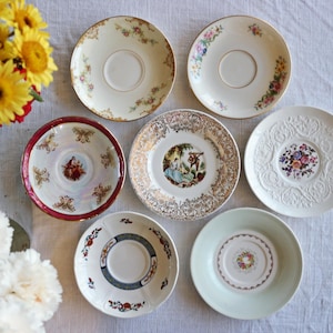 Mismatched VINTAGE SAUCERS - Floral Patterns - Courting Couple - English Tea Party - Country Cottage Decor - Gold Ivory - Priced Per Saucer!