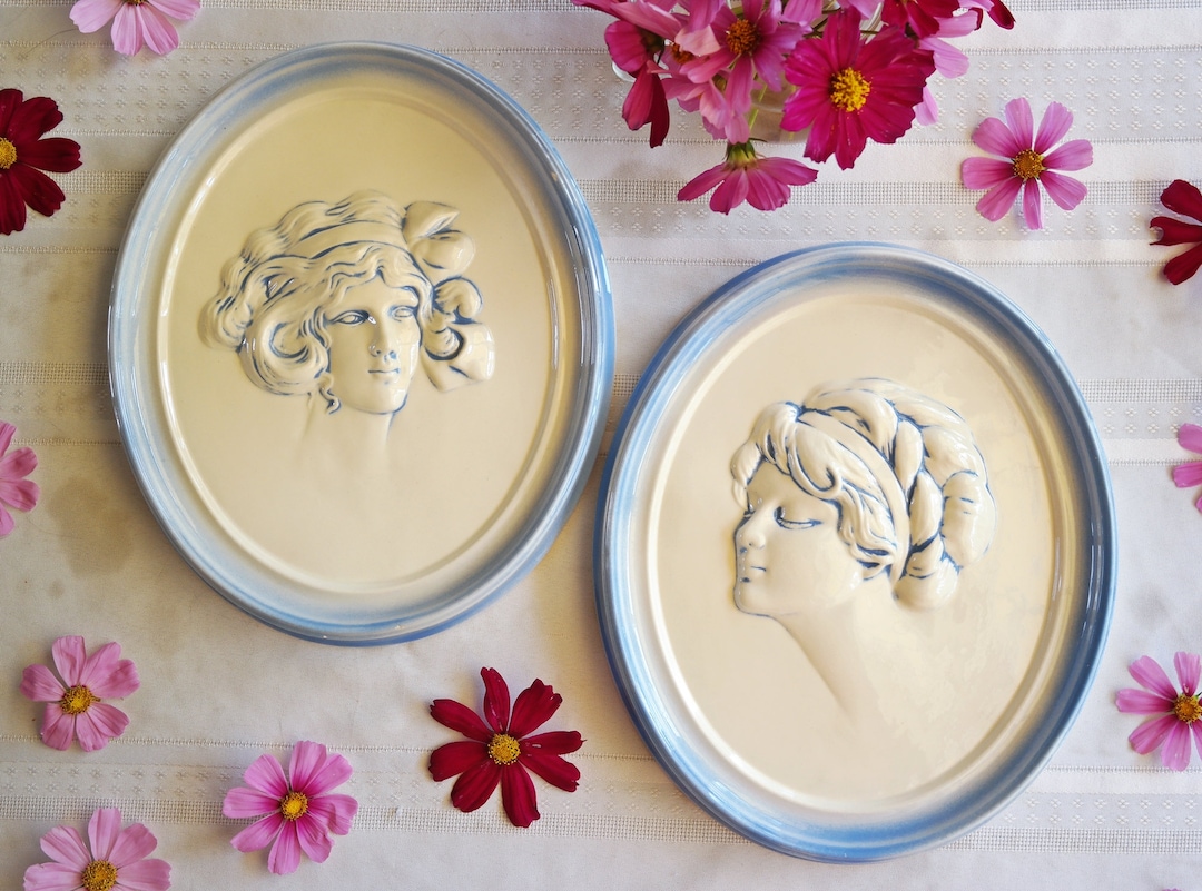Duncan Ceramic WALL ART PLAQUES Set of 2 Lady Portrait Woman Head