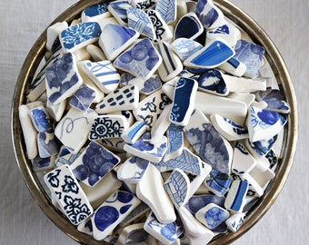 Blue White TUMBLED POTTERY - 12 PIECES - Size 0.5" to 2.5" - Faux Sea Pottery - Curved Footers Rims - Recycled Plates Bowls - Broken Dishes