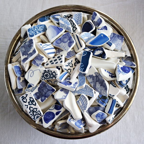 Blue White TUMBLED POTTERY - 12 PIECES - Size 0.5" to 2.5" - Faux Sea Pottery - Curved Footers Rims - Recycled Plates Bowls - Broken Dishes