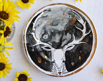 Anthropologie SALAD PLATE - Size 8.25" - Moonlit Forest Collection - Deer Stag Pattern - Breakfast Plate - Gray Gold Colors - New Bone China