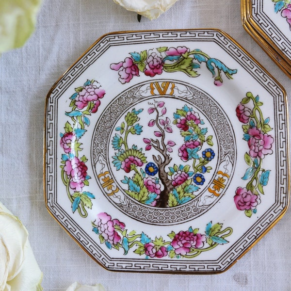 Royal Stafford BREAD & BUTTER PLATE - Indian Tree Pattern - Chine anglaise - Vaisselle vintage - Fleurs roses Or - Forme octogone - Angleterre