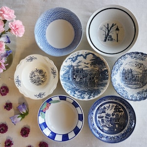 Blue White CEREAL BOWLS - Size 6&quot;- 6.5&quot; - Porridge Oatmeal Rice Salad Bowls - Farmhouse Country Cottage - French Farm Mix - Priced Per Bowl!