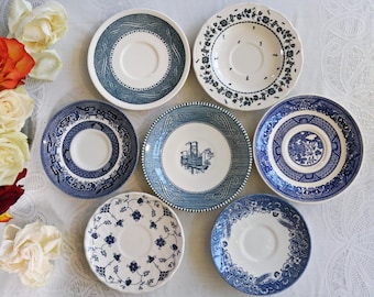 Blue White SAUCERS - Mismatched China - Farmhouse Dining - Country Cottage Decor - French Farm Kitchen - Vintage Transferware - Floral Mix