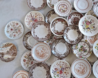Brown White SAUCERS - Mismatched China - Afternoon Tea - English Breakfast - Country Cottage Kitchen Farmhouse Decor - Vintage Transferware