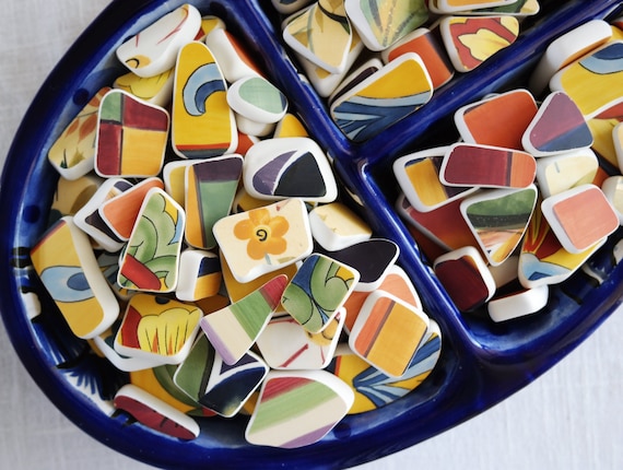 Rainbow Mix SEA POTTERY - 12 Pieces - Size 1/2" to 2" - Faux Sea Pottery - Broken Ceramic Plates Trays - Tumbled Mosaic Tiles - Multi Color
