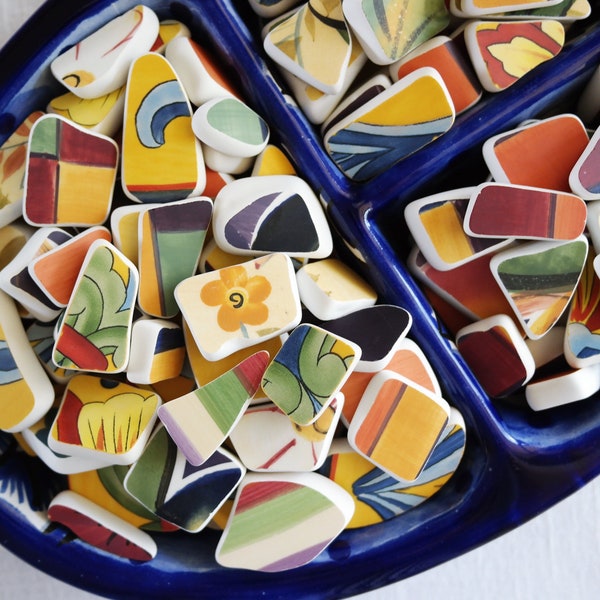 Rainbow Mix SEA POTTERY - 12 Pieces - Size 1/2" to 2" - Faux Sea Pottery - Broken Ceramic Plates Trays - Tumbled Mosaic Tiles - Multi Color