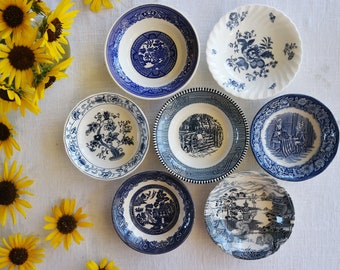 Blue White BERRY BOWLS - Size 5" to 5.5" - Small Fruit Sauce Cream Bowls - Vintage China Mix - Country Cottage Farm Scenes - Priced Per Bowl