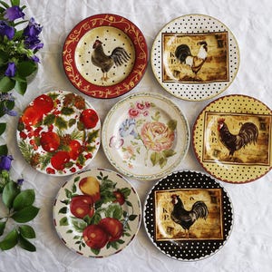 Country Kitchen SALAD PLATES - Size 7.75&quot; to 8&quot; - Mismatched Pottery - Decorative Wall Plates - Farmhouse Decor - Rooster - Priced Per Plate