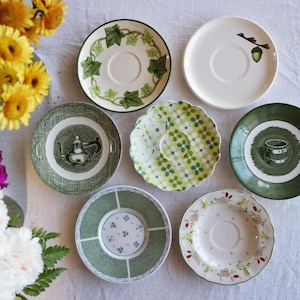 Green White SAUCERS - Size 6&quot; to 6.5&quot; - Mismatched China - Farmhouse Dining Country Cottage Mix - Vintage Transferware - Priced Per Saucer!