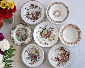 Brown White SOUP BOWLS - Size 7.5&quot; to 8.75&quot; - Salad Pasta Rice Bowl - Farmhouse Country Cottage Mix - Vintage Transferware - Priced Per Bowl