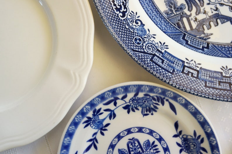 Blue White Vintage China Dinner Salad BreadButter Plates Bridal Shower Wedding Party Table Set 3-Piece Set MISMATCHED PLACE SETTING