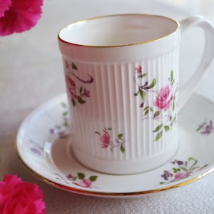 Crown Staffordshire CUP & SAUCER - English Rosebud Pattern Pink Roses Lilac Flowers - Tea Party - Breakfast Set - Fine Bone China - England