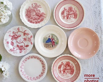 Pink Red White SAUCERS & SMALL PLATES - Size 5.25" to 6.25" - Bread Butter Plate - Vintage Tea - Country Cottage Decor - Farmhouse Breakfast