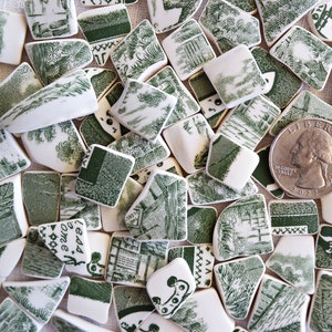 Green White SEA POTTERY - 12 PIECES - Size 1/4&quot; to 3/4&quot; - Faux Sea Pottery - Tumbled Tiles - Vintage Transferware - Broken Plates - Jewelry