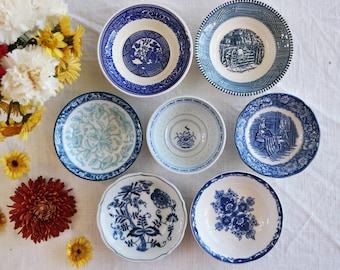 Blue White BERRY BOWLS - Size 4.5&quot; to 5.75&quot; - Small Fruit Sauce Cream Bowls - Vintage China - Country Cottage Farm Scenes - Priced Per Bowl