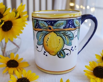 Deruta JUMBO MUG 16 Oz - Hand Painted Italian Pottery - Lemon Pattern - Yellow Blue Green White - Traditional Artistic Ceramics - Italy