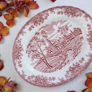 Churchill OVAL PLATTER 12&quot; - The Brook Collection - Red Pink White Transferware - Serving Plate - Farmhouse Country Cottage Decor - England