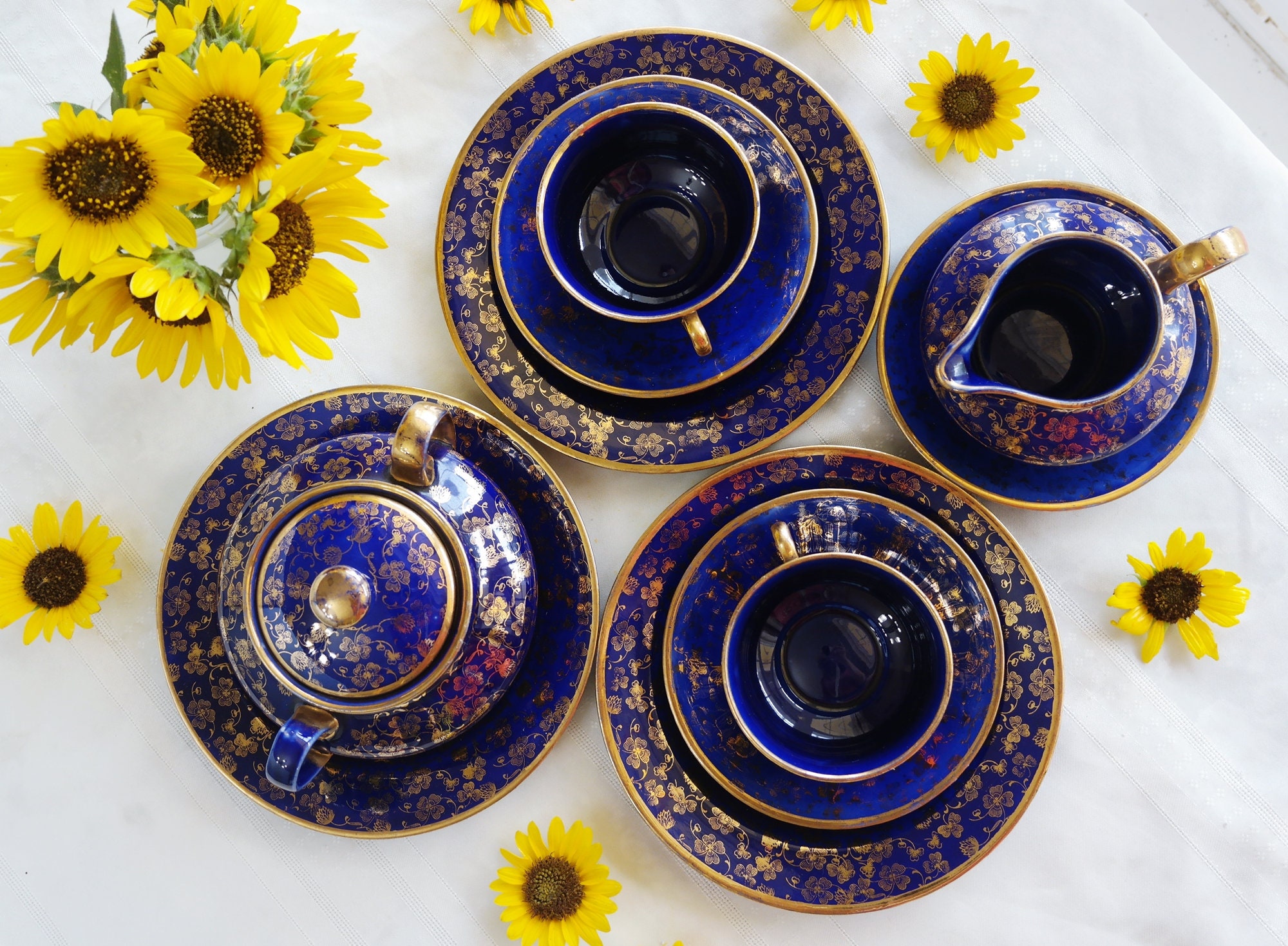 Riccardo Marzi カフェトレイ2枚 穂Blue&Gold【希少】 ⑤ Mazarine Blue Gold TEA SET - 1 Sugar Bowl, 1 Creamer, 2 Cups, 3