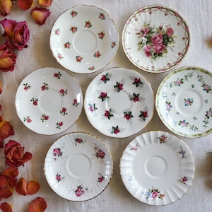 BONE CHINA SAUCERS - Orphan Saucer - English Tea Party - Mismatched Floral Patterns - Pink Red Roses - Country Cottage - Priced Per Saucer!