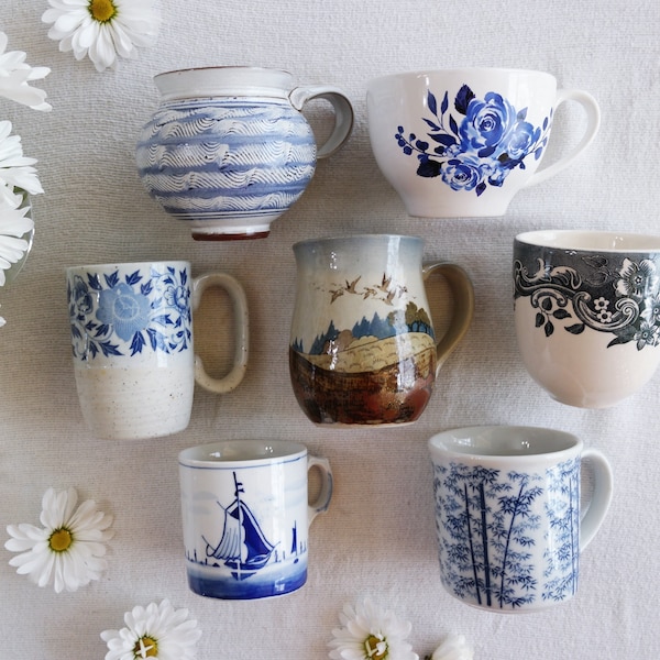 Blue White POTTERY MUGS - Size 7 to 12 Fl Oz - Ceramic Stoneware Mug - Tea Coffee Hot Chocolate Cocoa - Farmhouse Breakfast - Priced Per Mug