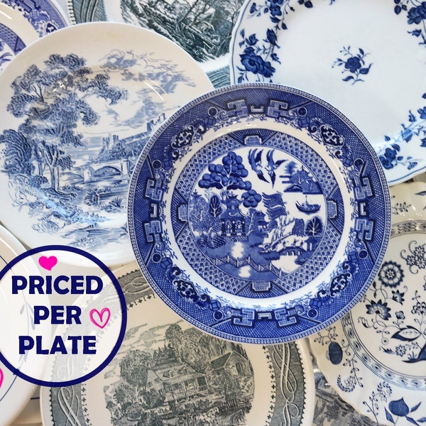 Blue White DINNER PLATES - Mix & Match China - Mismatched Plates - Vintage Farmhouse Cottage Decor - Wedding Dinnerware - Priced Per Plate!!