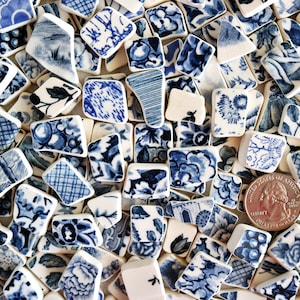 Blue White SEA POTTERY - 12 PIECES - Size 1/4&quot; to 3/4&quot; - Faux Sea Pottery - Tumbled Tiles - Vintage Transferware - Broken Plates - Jewlery