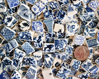 Blue White SEA POTTERY - 12 PIECES - Size 1/4" to 3/4" - Faux Sea Pottery - Tumbled Tiles - Vintage Transferware - Broken Plates - Jewlery