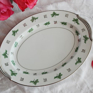 Noritake OVAL SERVING PLATTER 12&quot; - Shelley Pattern 5308 - Green Gray Silver Maple Leaves - Platinum Trim - Made in Japan - Circa 1952-54