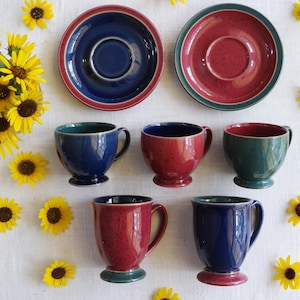 Denby England CUPS SAUCERS MUGS - Harlequin Collection - Red Green Blue Color - Speckled Stoneware - Fine English Pottery - Priced Per Piece