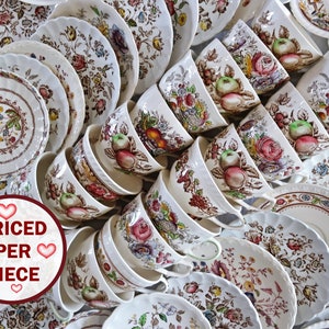 Brown White CUPS & SAUCERS - Vintage Tea Party - Farmhouse Country Cottage - Floral Mix - Mismatched China - England USA - Priced Per Piece!