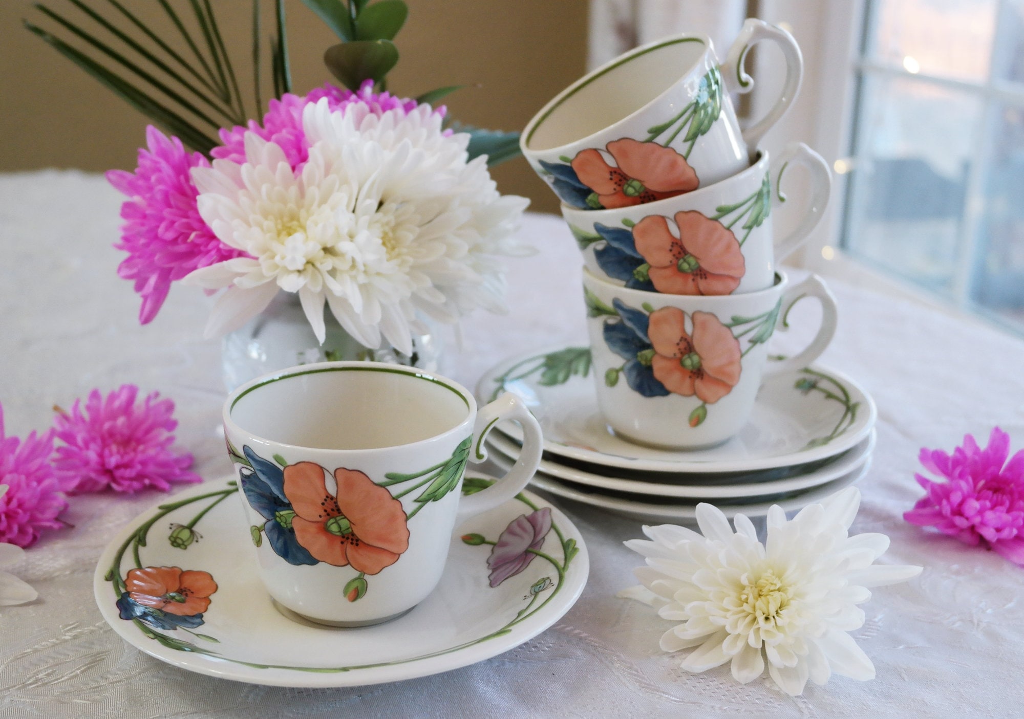 Villeroy & Boch TEA/COFFEE SET - Amapola Floral Pattern - Peach