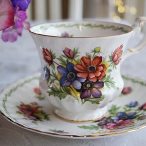 Queen's CUP SAUCER - Anemone Flowers - Pink Blue Purple Queen's CUP SAUCER - Anemone Flowers - Pink Blue Purple