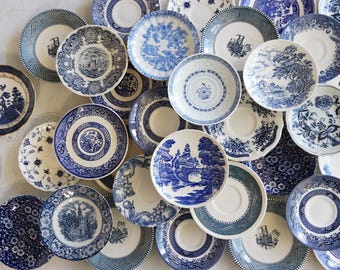 Blue White SAUCERS - Mismatched China - English Tea - Pastry Plates - Farmhouse Breakfast - French Farm Kitchen - Country Cottage Decor Mix
