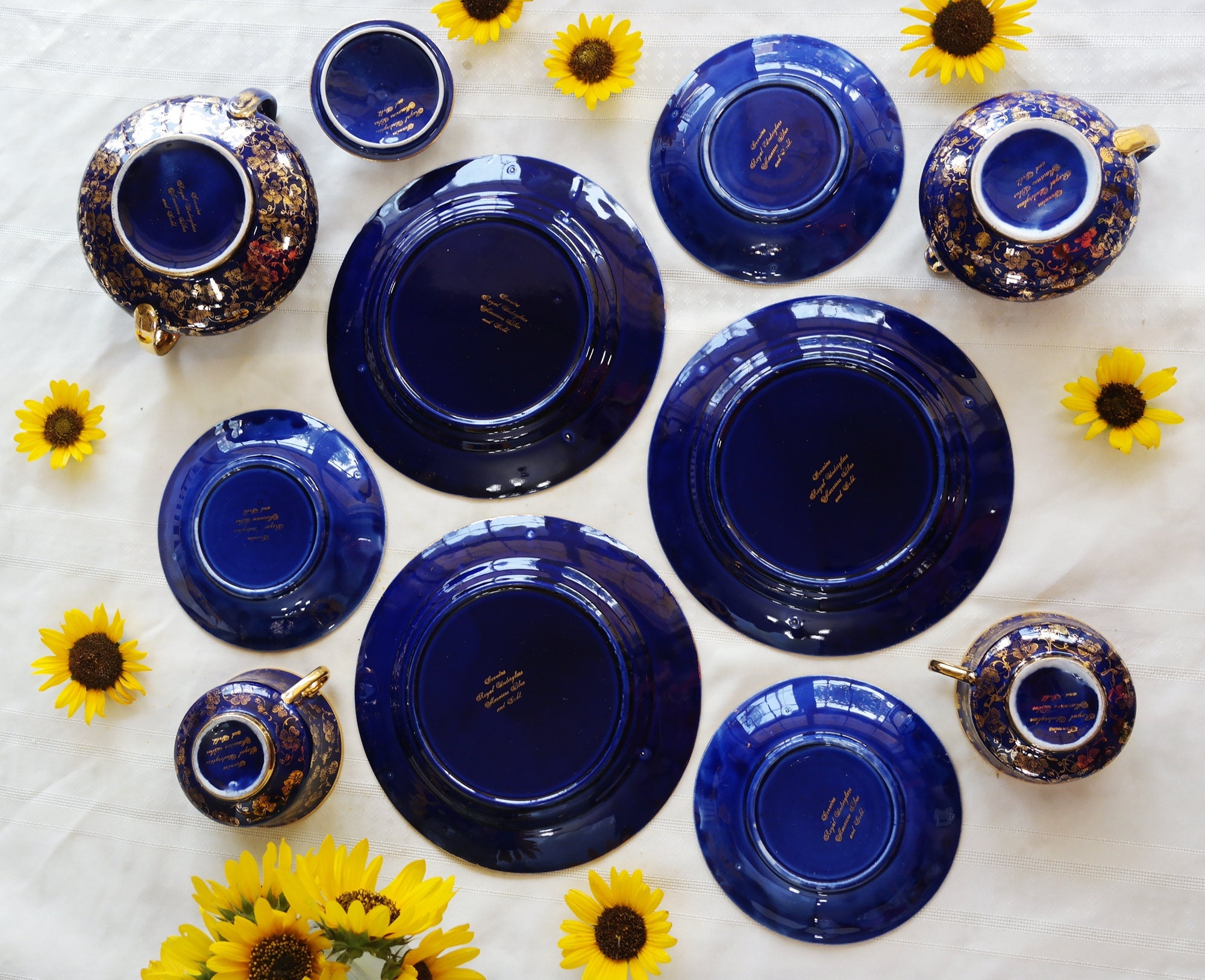 Mazarine Blue Gold TEA SET - 1 Sugar Bowl, 1 Creamer, 2 Cups, 3