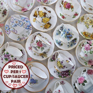 Bone China CUPS & SAUCERS - English Floral Patterns - Mismatched Tea Party Bridal Shower - Mix and Match Sets - Priced per 1 Cup/Saucer Pair