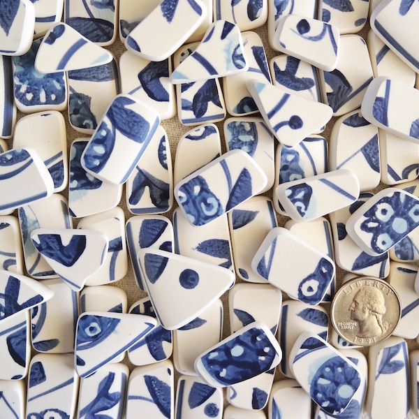 Blue White SEA POTTERY - 10 Pieces - Size 0.5" to 1.5" - Broken Plates - Floral Pattern Mix - Recycled Ceramic Tiles - Faux Sea Pottery