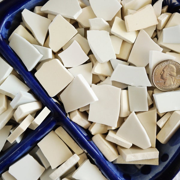 White Mix MOSAIC TILES - 100 Tiles - Size 1/4" to 1" - White Ivory Off White Cream Ecru Shade - Porcelain Ironstone Stoneware - Broken China