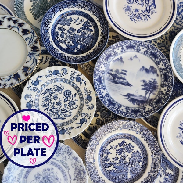 Blue White DESSERT PLATES - Mix & Match China - Priced Per Plate! - Mismatched Plates - Vintage Farmhouse Cottage Decor - Wedding Dinnerware